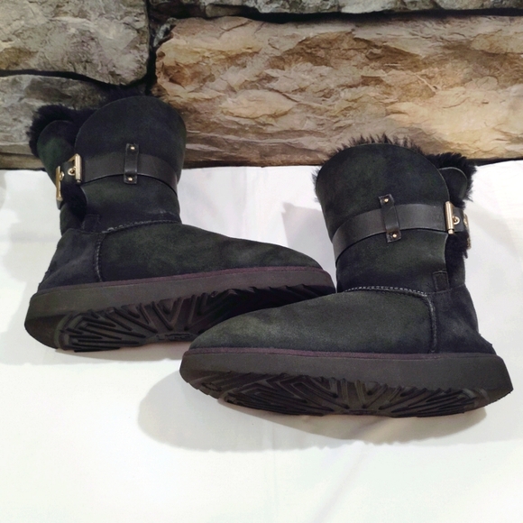 Sz 7 UGG Jaylyn Boots Suede Leather Sheepskin Insole Furry Belted Buckle Boots - Picture 12 of 17